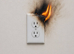 Warning signs your house wiring is failing 3 White light switch on blue wall, burning with orange flames and black burn marks.