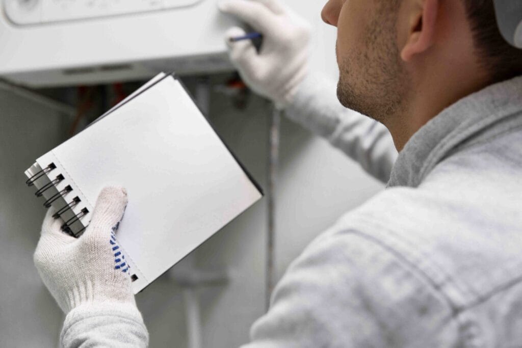 worker-repairing-water-heater with empty notes
