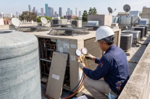 Top Tips to Keep Your Home Cool with an Efficient Cooling System 1 HVAC technician in safety gear checking rooftop air conditioning units with pressure gauges
