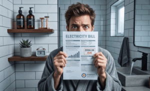 Knoxville’s Guide to Energy-Efficient Water Heaters: Tankless, Hybrid & More 1 Worried homeowner holding an expensive water bill, illustrating the cost of outdated water heating systems.