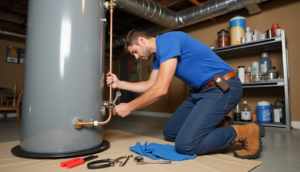 Knoxville’s Guide to Energy-Efficient Water Heaters: Tankless, Hybrid & More 3 Plumber kneeling to perform maintenance and drain valve checks on a standard water heater tank