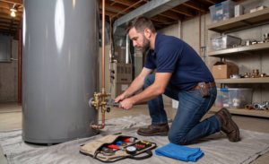 Knoxville’s Guide to Energy-Efficient Water Heaters: Tankless, Hybrid & More 3 Plumber kneeling to perform maintenance and drain valve checks on a standard water heater tank