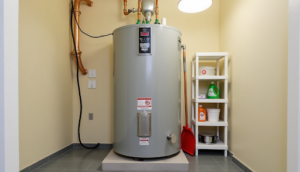 Knoxville’s Guide to Energy-Efficient Water Heaters: Tankless, Hybrid & More 2 A clean, modern standard tank water heater installed in a residential utility room.