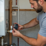 Knoxville’s Guide to Energy-Efficient Water Heaters: Tankless, Hybrid & More 6 Professional technician adjusting a wall-mounted energy-efficient tankless water heater.