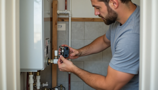 Professional technician adjusting a wall-mounted energy-efficient tankless water heater.