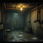 A dark, damp basement with multiple leaking pipes and water puddles on the floor, illustrating the need for emergency plumbing repair.