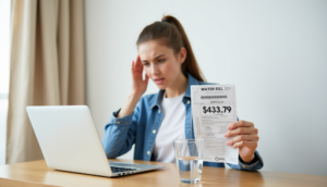 Stressed homeowner sitting at a laptop holding an expensive water bill, representing the high financial cost of undetected plumbing leaks.
