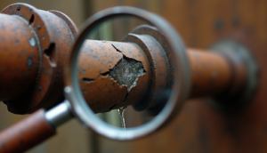 Close-up view through a magnifying glass showing a rusty, cracked plumbing pipe leaking water, highlighting the importance of professional leak detection.
