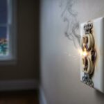 A dramatic close-up photograph capturing a wall-mounted electrical outlet in an older Knoxville home actively sparking and smoking. Burn marks and discoloration are visible around the terminals. In the background, an ancient knob-and-tube wire is fraying, and through a nearby window, the Knoxville Sunsphere is subtly visible. This highlights dangerous warning signs of an outdated electrical system needing an upgrade.