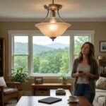 A realistic photograph capturing a single, classic semi-flush mount overhead light fixture flickering (blinking and dimming) inside a cozy Knoxville living room during the daytime. Through a large window, a view of green Tennessee hills is visible. A confused homeowner stands nearby, looking up at the pulsing light.