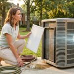A medium close-up photograph in a sunny, green Knoxville backyard on a warm summer afternoon. A woman, a homeowner in her 30s-40s, is kneeling next to her exterior residential HVAC central air conditioning unit. She holds a new, clean white air filter, while the unit's filter slot is open. A coiled garden hose is next to a small puddle on the concrete pad, representing maintenance. In the soft-focus background, a stylized sign with 'KNOXVILLE' is visible, grounded by lush, oak-filled Southern suburban architecture.
