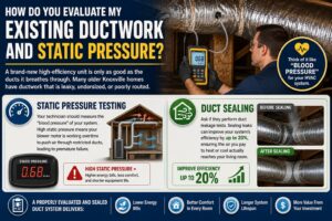 How do you evaluate my existing ductwork and static pressure?