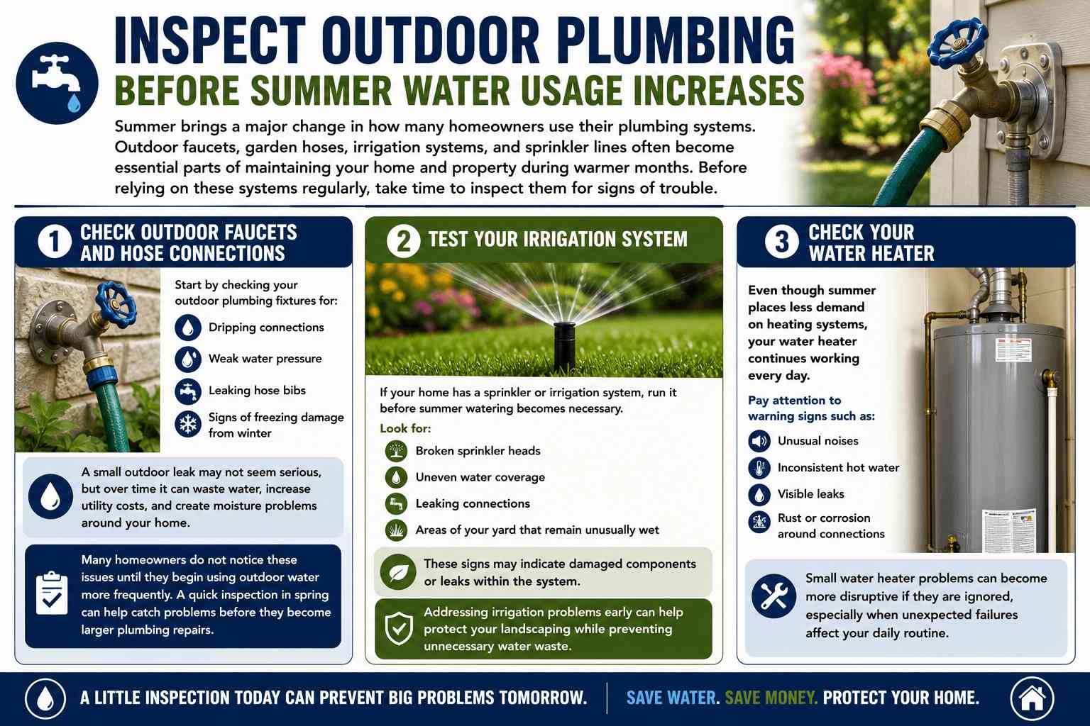 Infographic about inspecting outdoor plumbing, sprinklers, and water heaters before summer water usage.