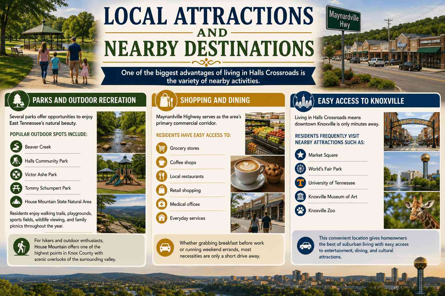 Infographic showing Halls Crossroads' parks, shopping, dining, and close access to Knoxville attractions.