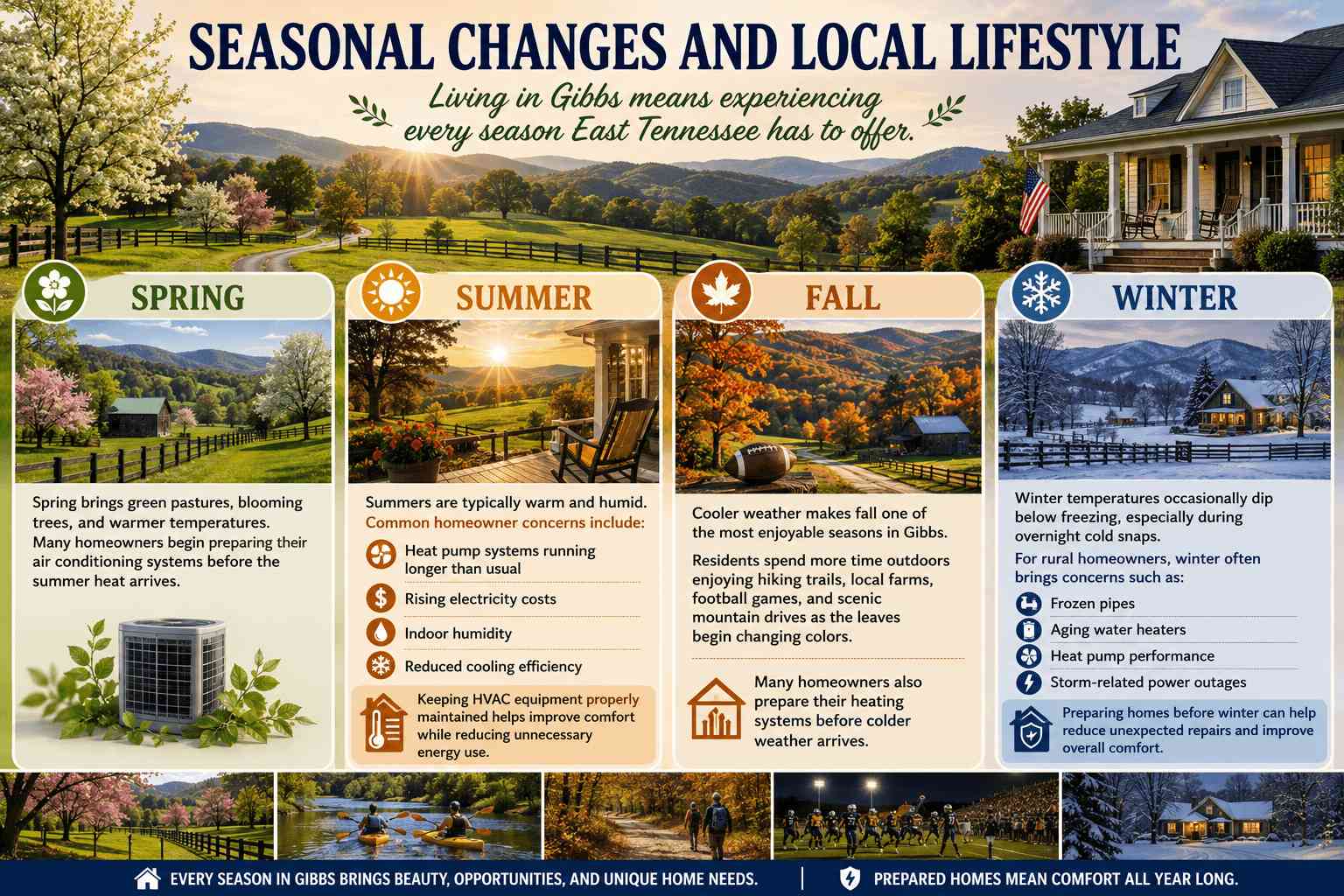 Infographic: East Tennessee's beautiful seasonal landscapes and lifestyle, from spring to winter.