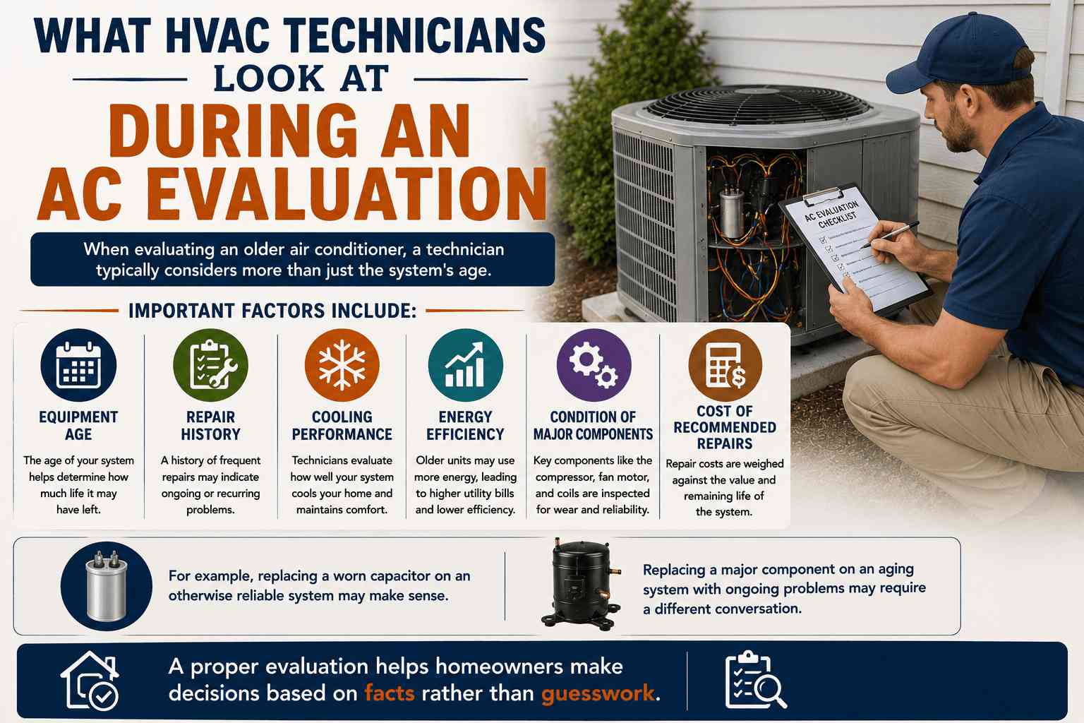 Infographic: HVAC technician evaluating an outdoor AC unit and checklist of important factors.