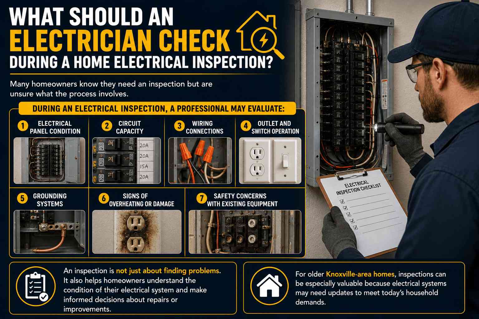 Electrical Problems Homeowners Should Never Ignore: Warning Signs Your Home Needs an Electrician 4 Infographic: Electrician inspecting a home electrical panel, with examples of inspection points.