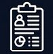 White clipboard icon showing a user profile, data, and a pie chart.