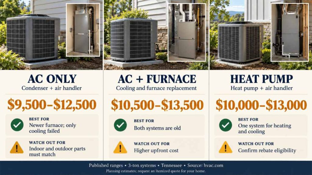 Technician installing a new outdoor condenser, an example of AC replacement cost in Knoxville
