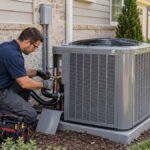 Technician installing a new outdoor condenser, an example of AC replacement cost in Knoxville