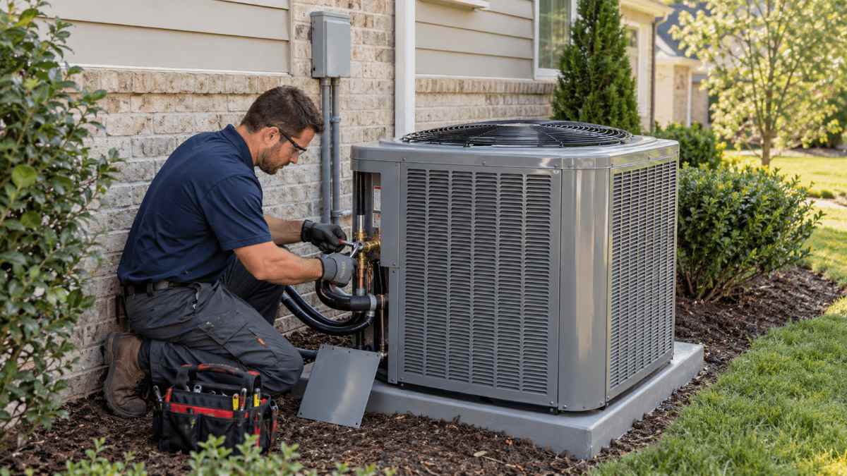 Technician installing a new outdoor condenser, an example of AC replacement cost in Knoxville