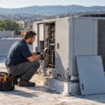 Technician inspecting a rooftop unit, an example of a commercial HVAC maintenance agreement visit in Knoxville