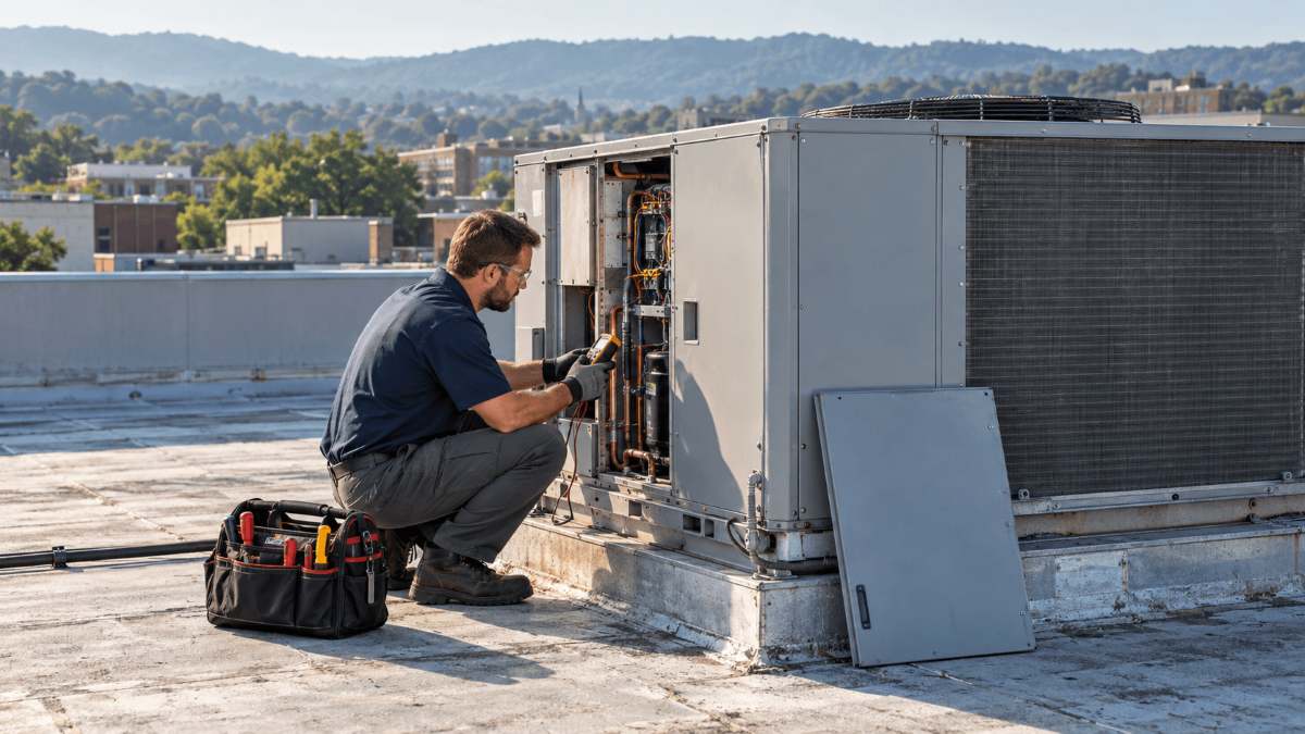 Technician inspecting a rooftop unit, an example of a commercial HVAC maintenance agreement visit in Knoxville