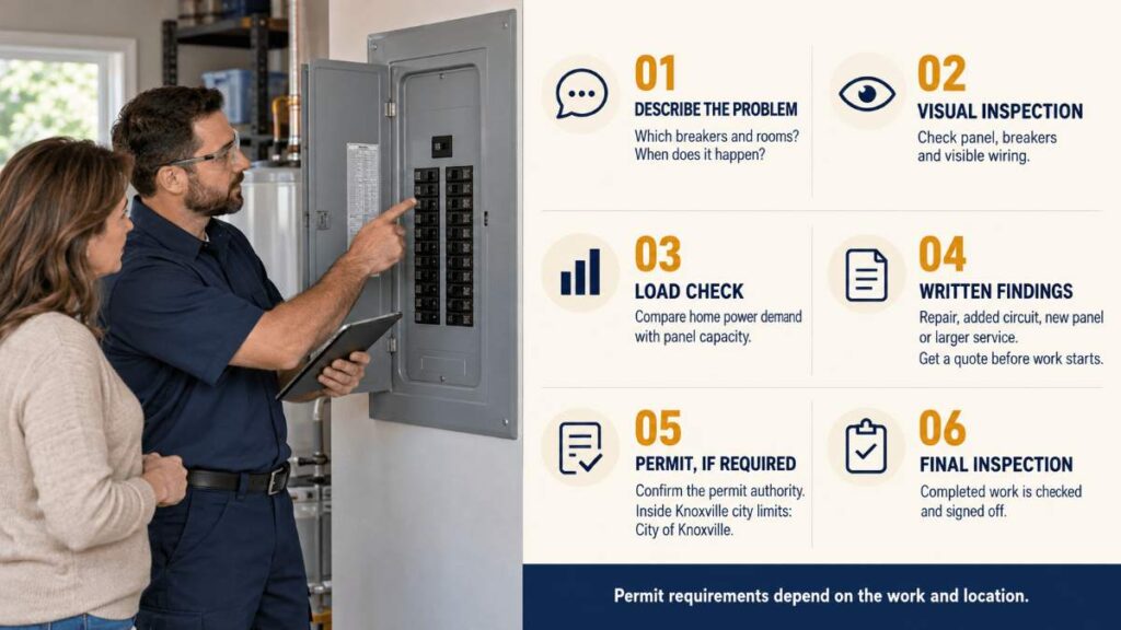 Electrician inspecting a home breaker panel, one of the signs you need an electrical panel upgrade
