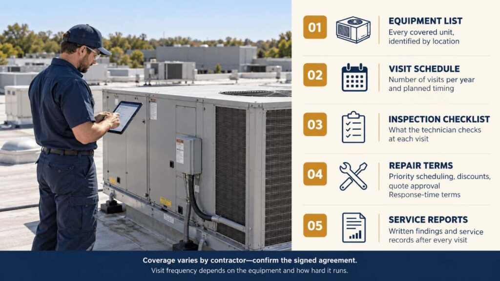 Technician inspecting a rooftop unit, an example of a commercial HVAC maintenance agreement visit in Knoxville