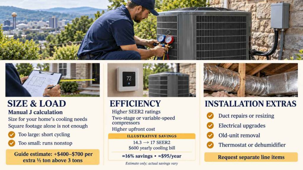 Technician installing a new outdoor condenser, an example of AC replacement cost in Knoxville