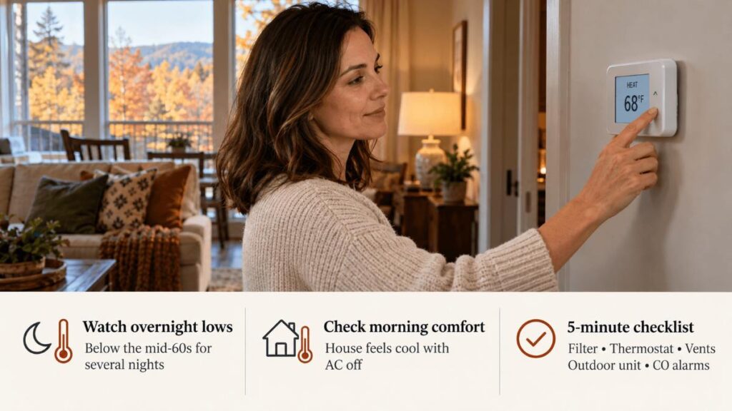 When to Switch From AC to Heat in Knoxville (and How to Get Ready) 2 Homeowner adjusting a thermostat, showing when to switch from AC to heat in Knoxville