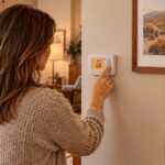 Homeowner adjusting a thermostat, showing when to switch from AC to heat in Knoxville