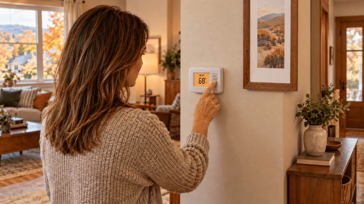 Homeowner adjusting a thermostat, showing when to switch from AC to heat in Knoxville